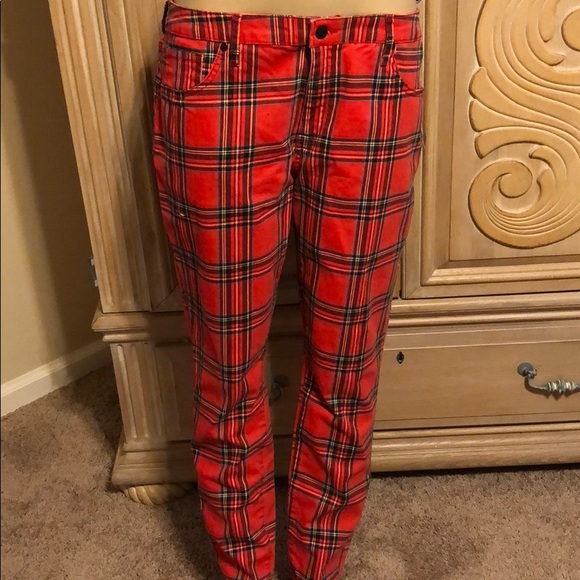 red plaid stretch pants